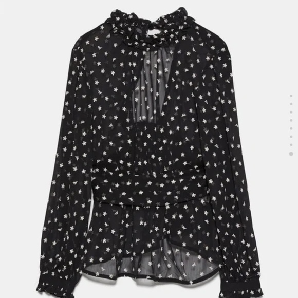 NWOT ZARA Black Sheer High Neck Ruffle Blouse XS - Picture 7 of 11